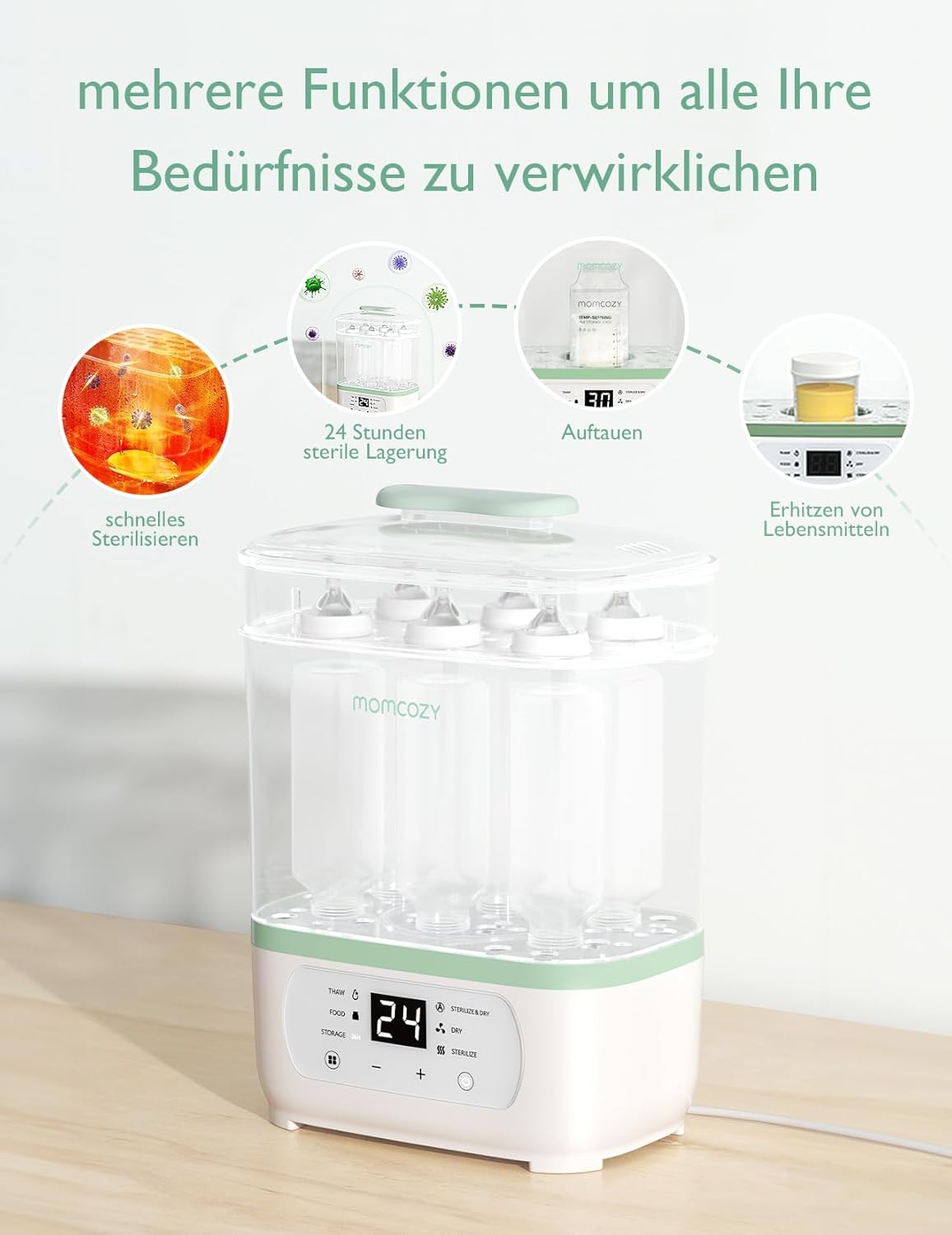 Momcozy Elektrischer 3-in-1-Sterilisator für Babyflaschen mit Trocknungsfunktion – Sterilisiert, trocknet und wärmt, Kapazität für 8 Flaschen, 24 Stunden Keimschutz, multifunktional für Babyzubehör 