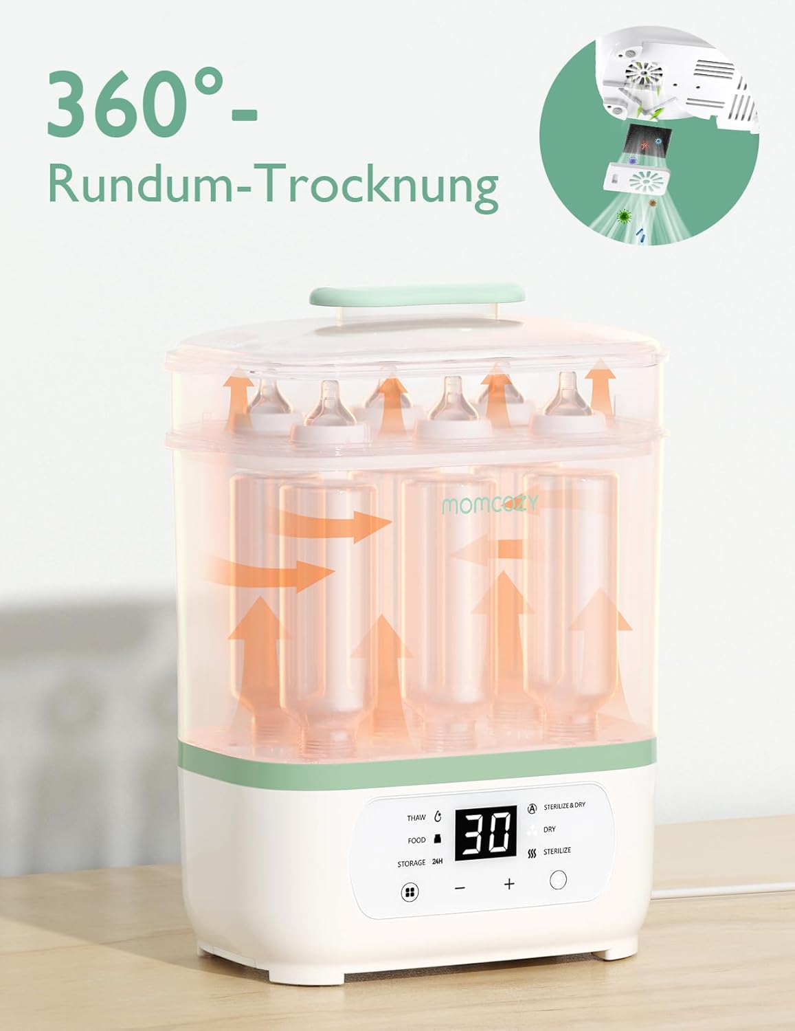 Momcozy Elektrischer 3-in-1-Sterilisator für Babyflaschen mit Trocknungsfunktion – Sterilisiert, trocknet und wärmt, Kapazität für 8 Flaschen, 24 Stunden Keimschutz, multifunktional für Babyzubehör 
