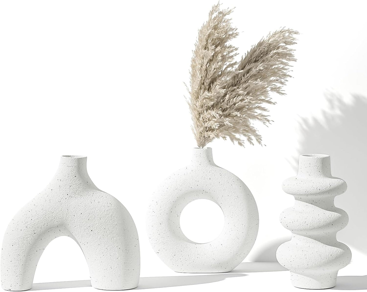 Vankarr Weiße Keramikvase Satz von 3, kleine Trockenblumen Vasen für Pampasgras,Moderne Boho Vasen 