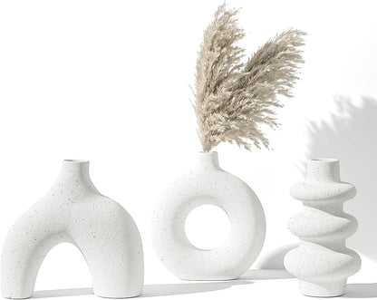 Vankarr Weiße Keramikvase Satz von 3, kleine Trockenblumen Vasen für Pampasgras,Moderne Boho Vasen 