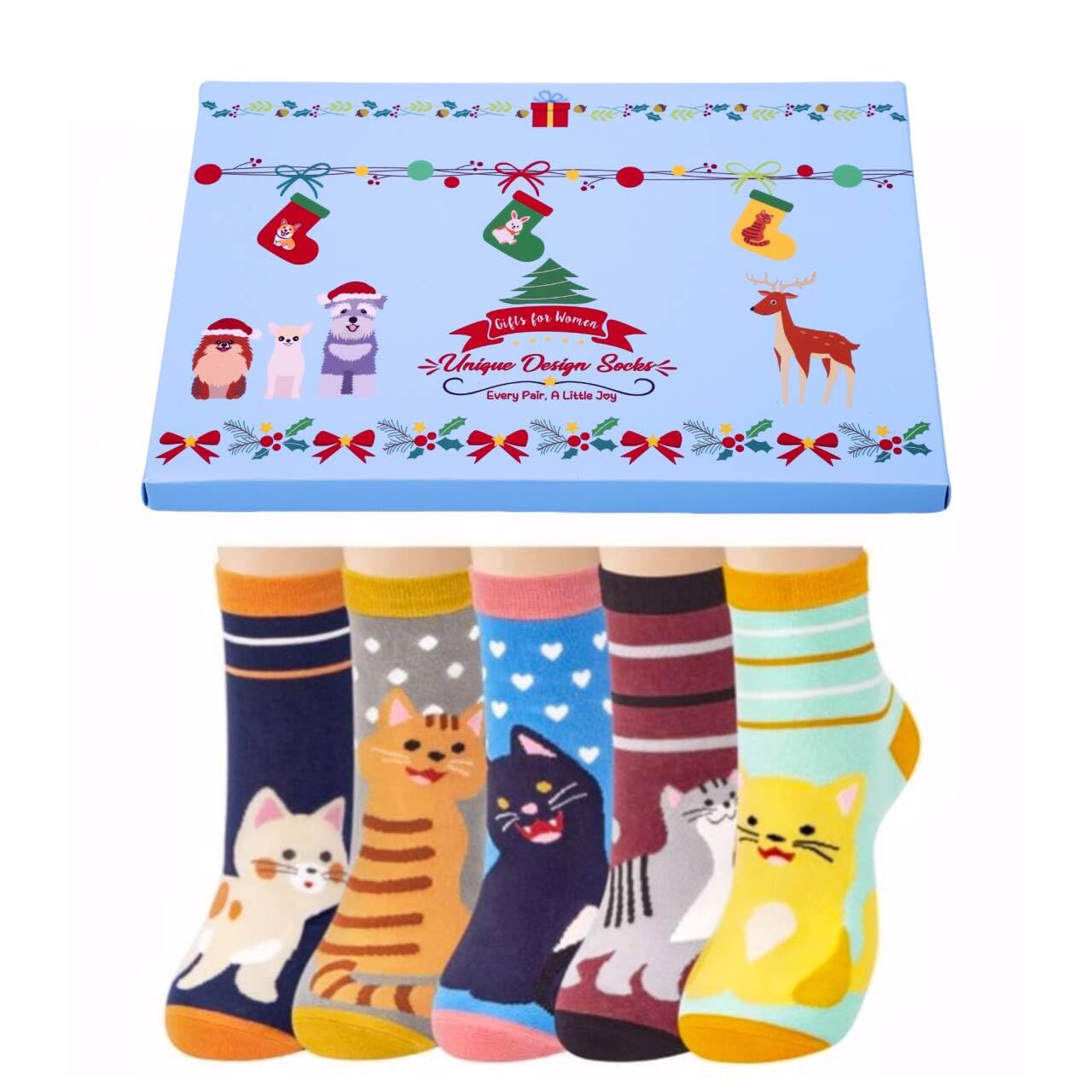 Chalier Cozy 5 Paar Damen Socken Hunde Katzen Motiven, Baumwolle