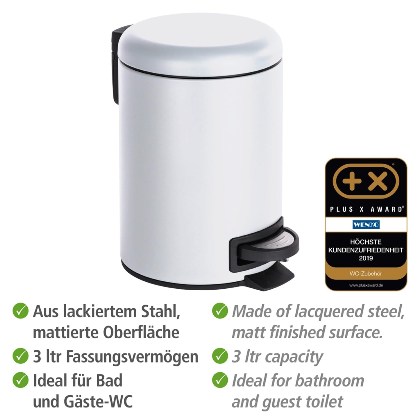 WENKO Leman Kosmetik-Treteimer, mattgold, 3 l – Kosmetik- und Abfalleimer mit Anti-Fingerprint-Beschichtung, Fassungsvermögen: 3 Liter, Edelstahl, 17 x 25 x 22,5 cm, gold 