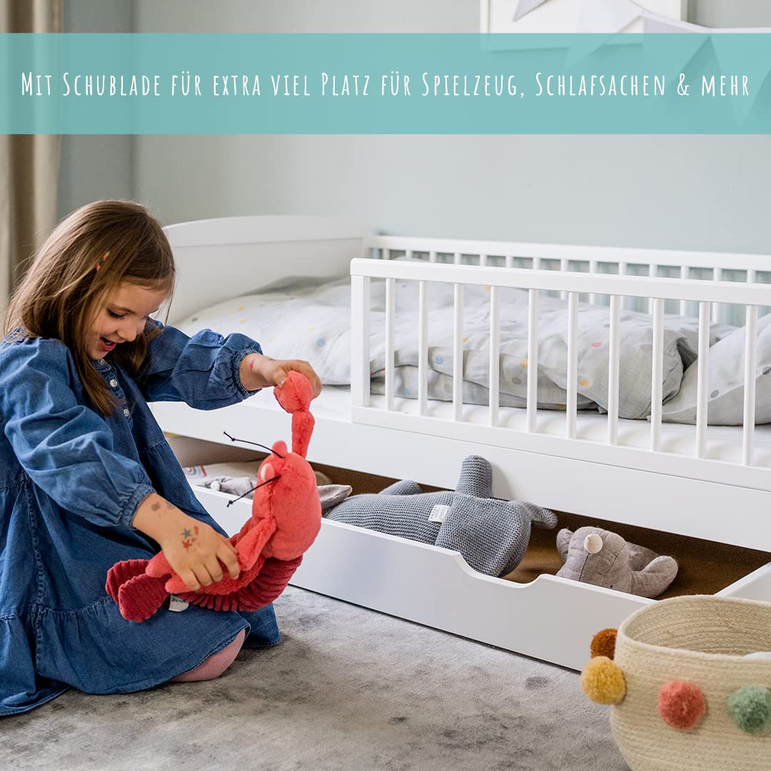 Kinderbett 70x140 cm mit Schublade, Lattenrost und Rausfallschutz in weiß, mit Bettkasten 