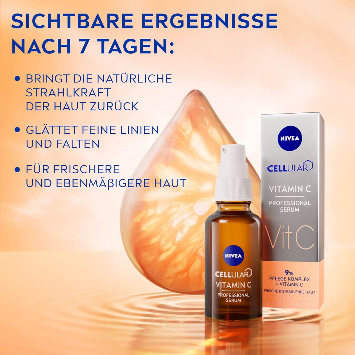 NIVEA Cellular Professional Serum Vitamin C (30 ml), Feuchtigkeitsspendendes Vitamin-C-Serum, Anti-Falten-Serum für einen ebenmäßigeren und strahlenderen Teint 