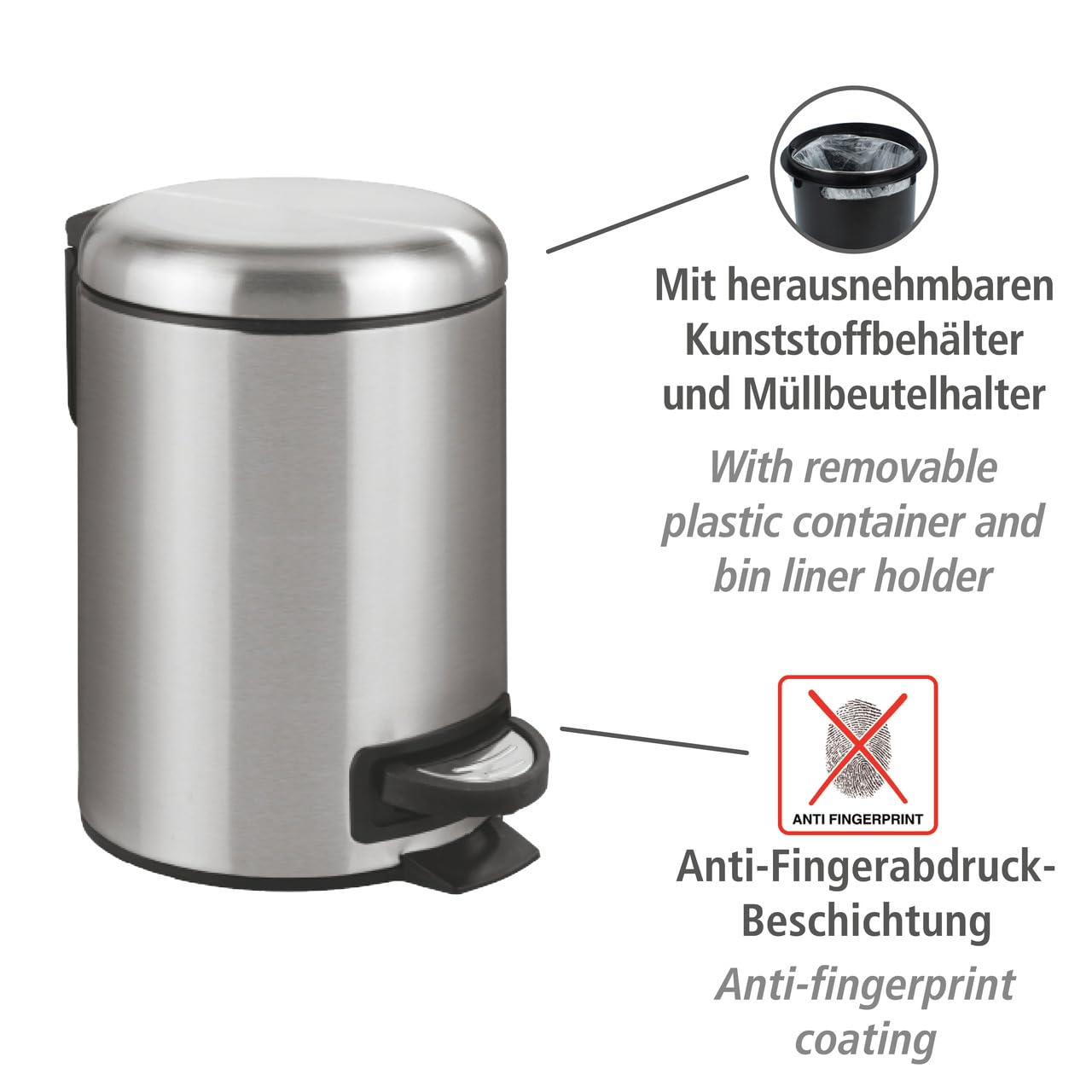 WENKO Leman Kosmetik-Treteimer, mattgold, 3 l – Kosmetik- und Abfalleimer mit Anti-Fingerprint-Beschichtung, Fassungsvermögen: 3 Liter, Edelstahl, 17 x 25 x 22,5 cm, gold 