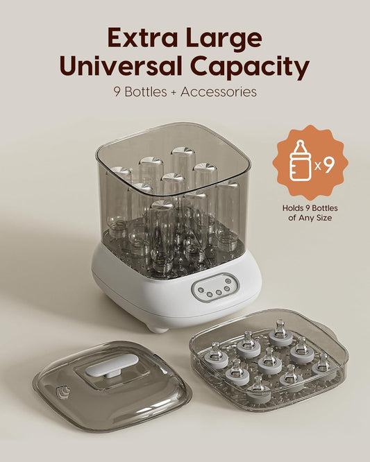 Babyflaschen-Sterilisator und Trockner, elektrischer Dampfsterilisator, größere Kapazität für 9 Flaschen 