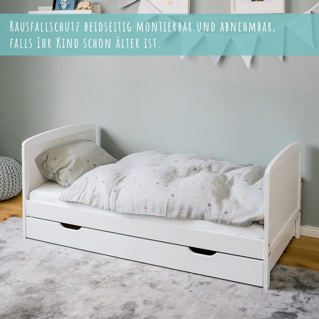 Kinderbett 70x140 cm mit Schublade, Lattenrost und Rausfallschutz in weiß, mit Bettkasten 