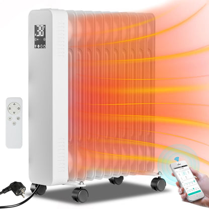 Fiqops Ölradiator 2500 W, energiesparend mit 11 Heizrippen, 3 Heizstufen, Thermostat, WLAN-App und Fernbedienung, Digitalanzeige