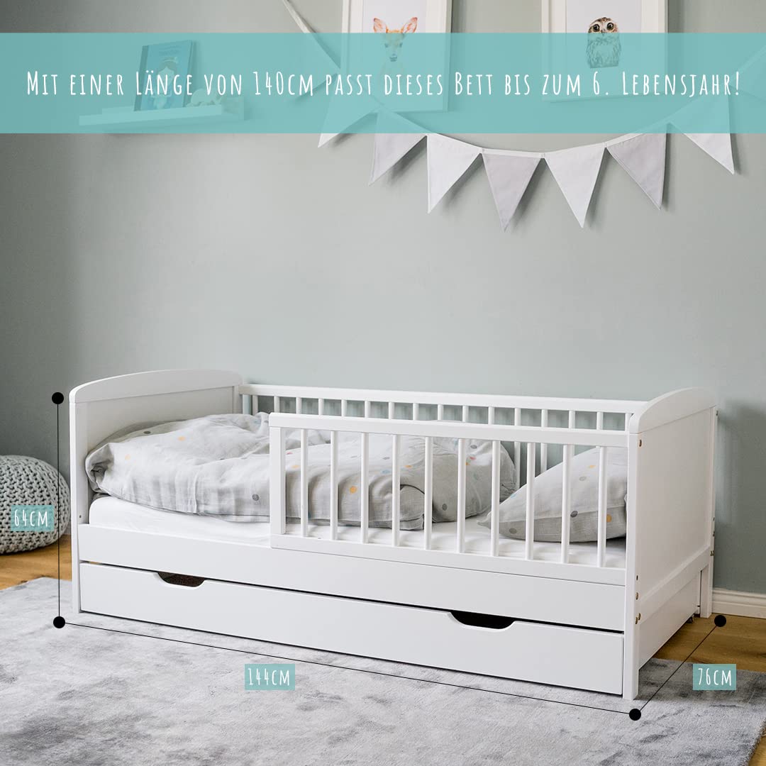 Kinderbett 70x140 cm mit Schublade, Lattenrost und Rausfallschutz in weiß, mit Bettkasten 