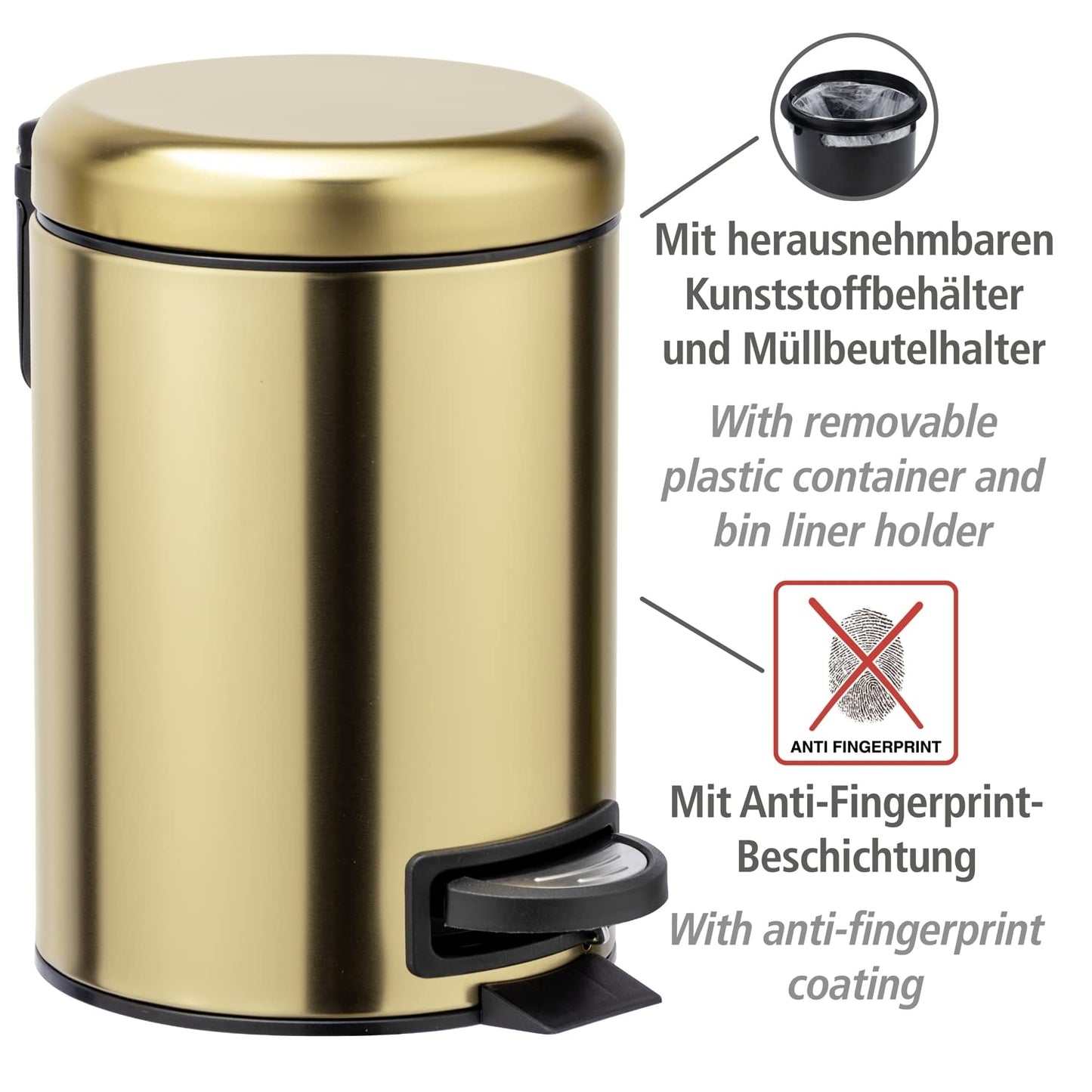 WENKO Leman Kosmetik-Treteimer, mattgold, 3 l – Kosmetik- und Abfalleimer mit Anti-Fingerprint-Beschichtung, Fassungsvermögen: 3 Liter, Edelstahl, 17 x 25 x 22,5 cm, gold 
