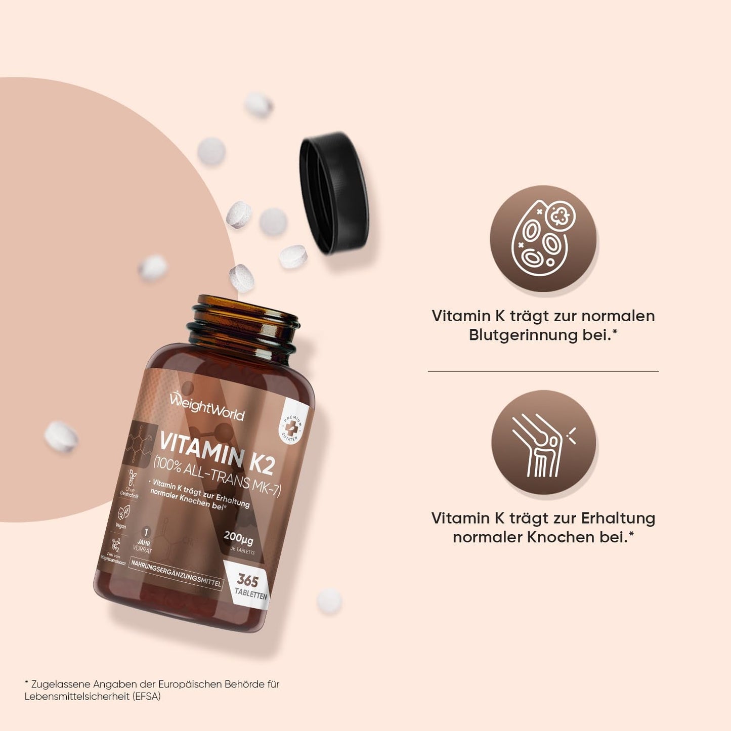 Vitamin K2 MK7-365 Vegane Tabletten – 200 µg pro Dosis – 100 % All-trans-Menachinon – Jahresvorrat 