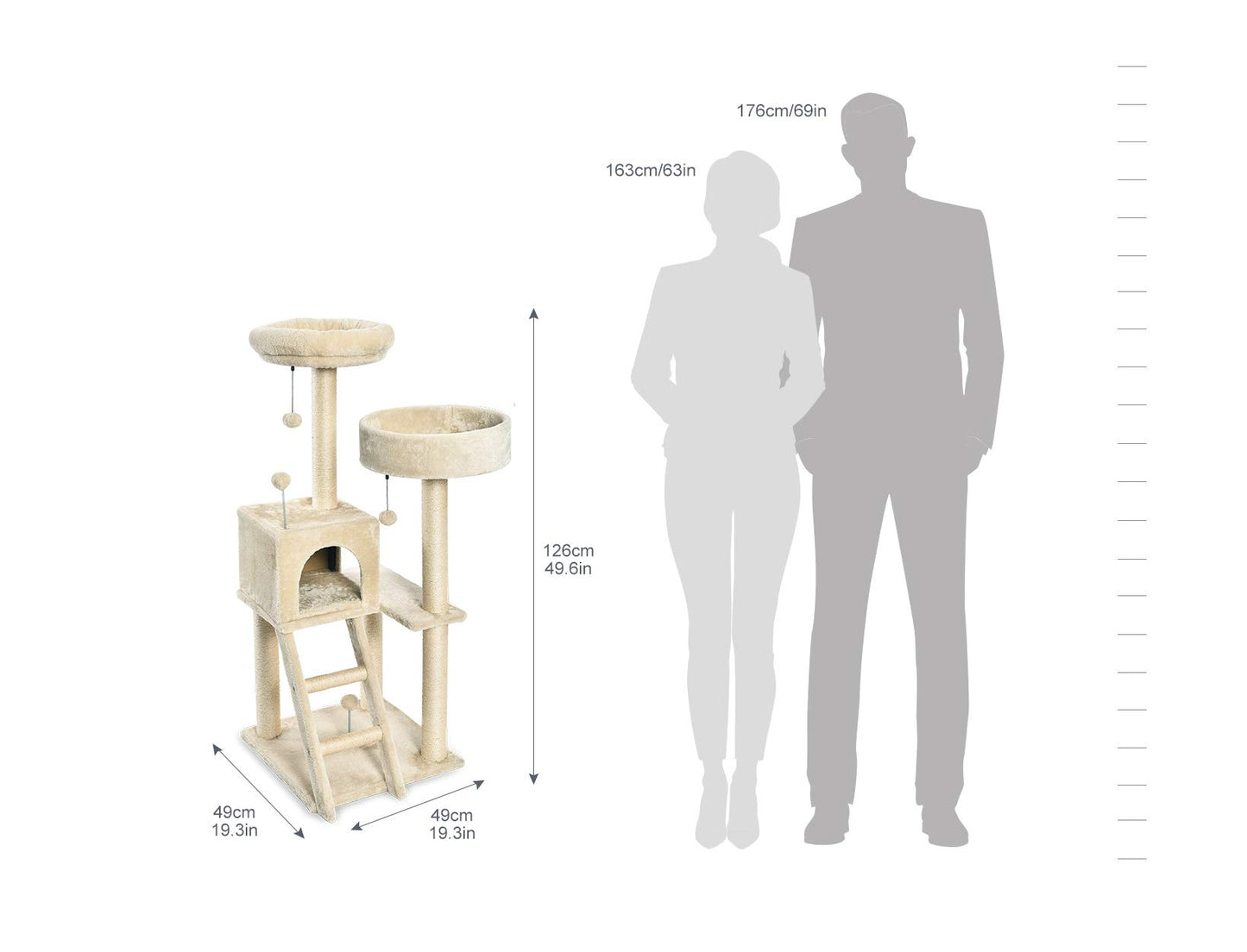 Großer Katzenkratzbaum mit zwei Plattformen und Häuschen, mehrstöckig, beige 