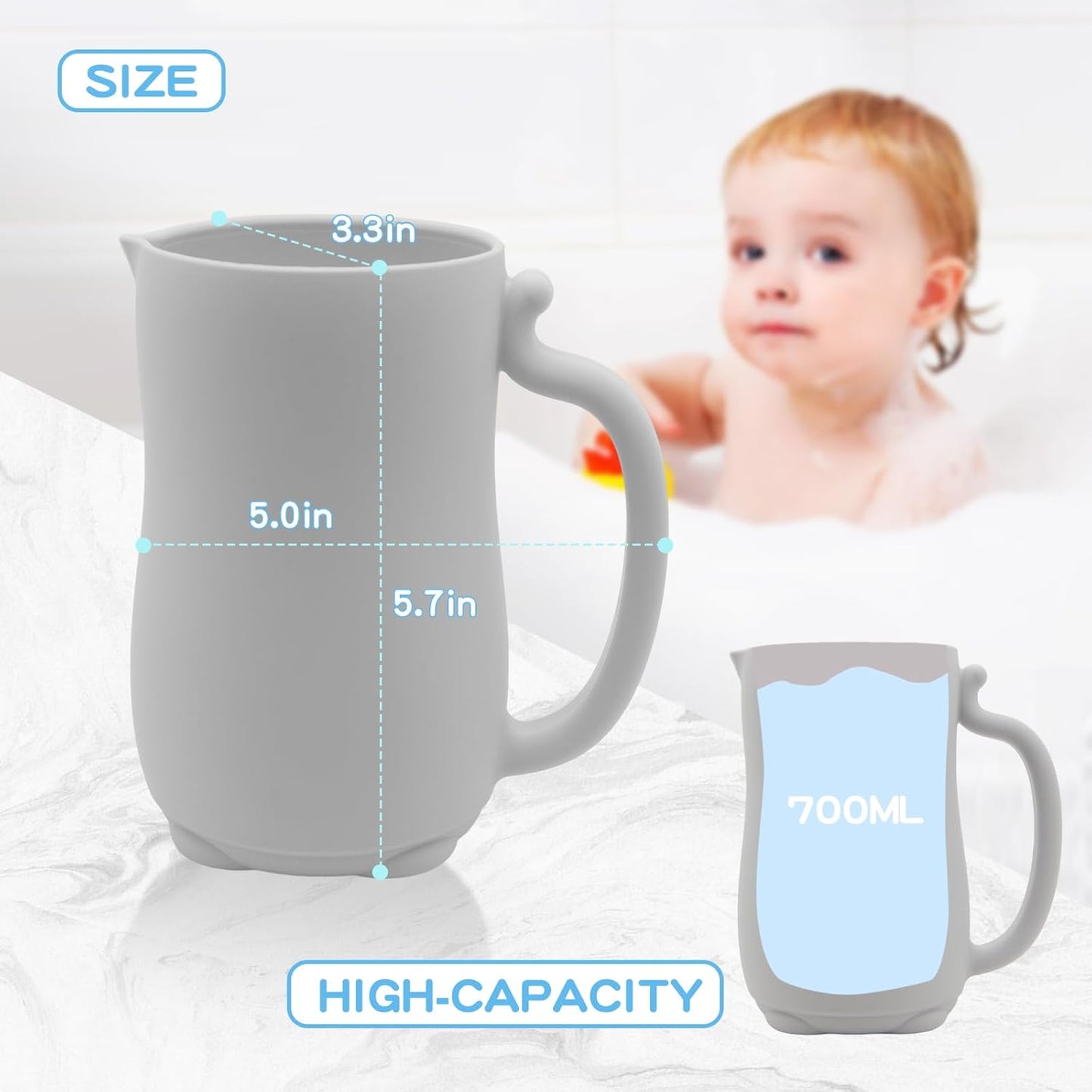 Baby-Bade-Spülbecher, Silikon-Shampoo-Spülbecher mit 2 Kopfhautbürsten für Kleinkinder und Kinder (Grau) 