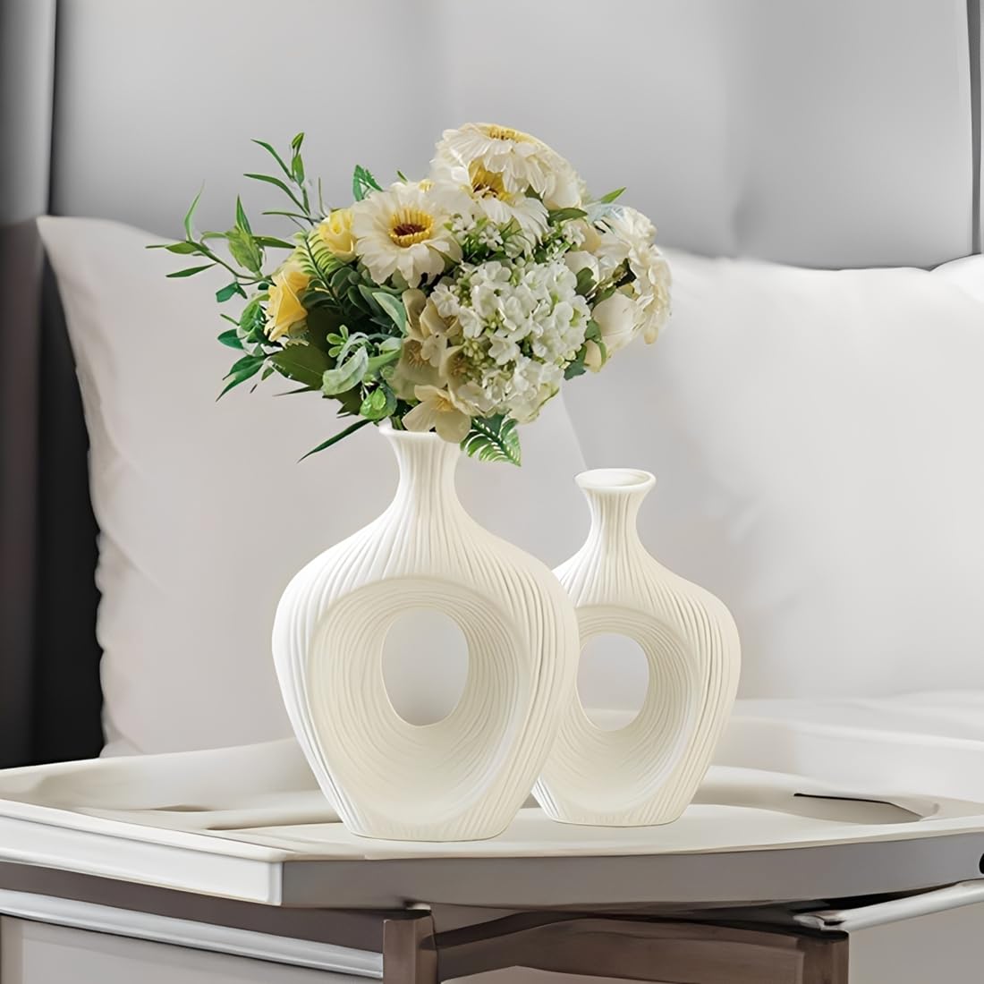 Vase en céramique blanc mat rond Deko Vasen Set 2er Moderne Boho Blumenvase pour tulpen pampasgras