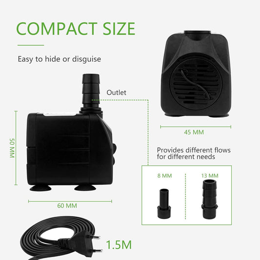 Mini Wasserpumpen, Ultra Leise Aquariumpumpe mit hohem Hub, 2 Düsen für Aquarien 