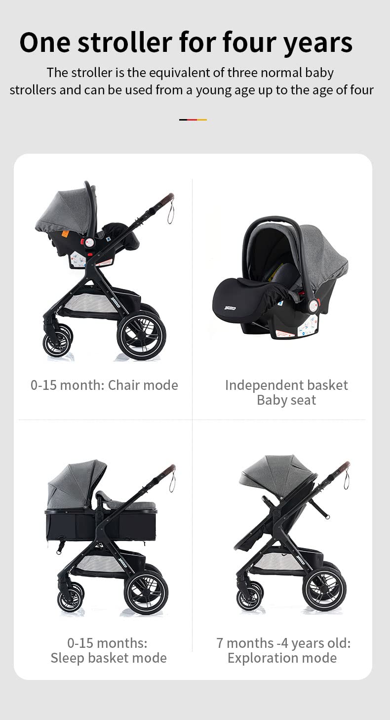 YAZOCO kinderwagen 3 in 1 Buggy Babybett Komplett Set Einem Klick Zusammenklappbarer Kinderwagen, KombiKinderwagen Aluminiumrahmen für Neugeborene 