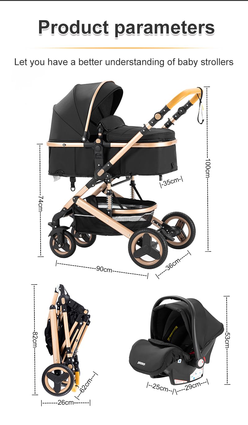 YAZOCO kinderwagen 3 in 1 Buggy Babybett Komplett Set Einem Klick Zusammenklappbarer Kinderwagen, KombiKinderwagen Aluminiumrahmen für Neugeborene 