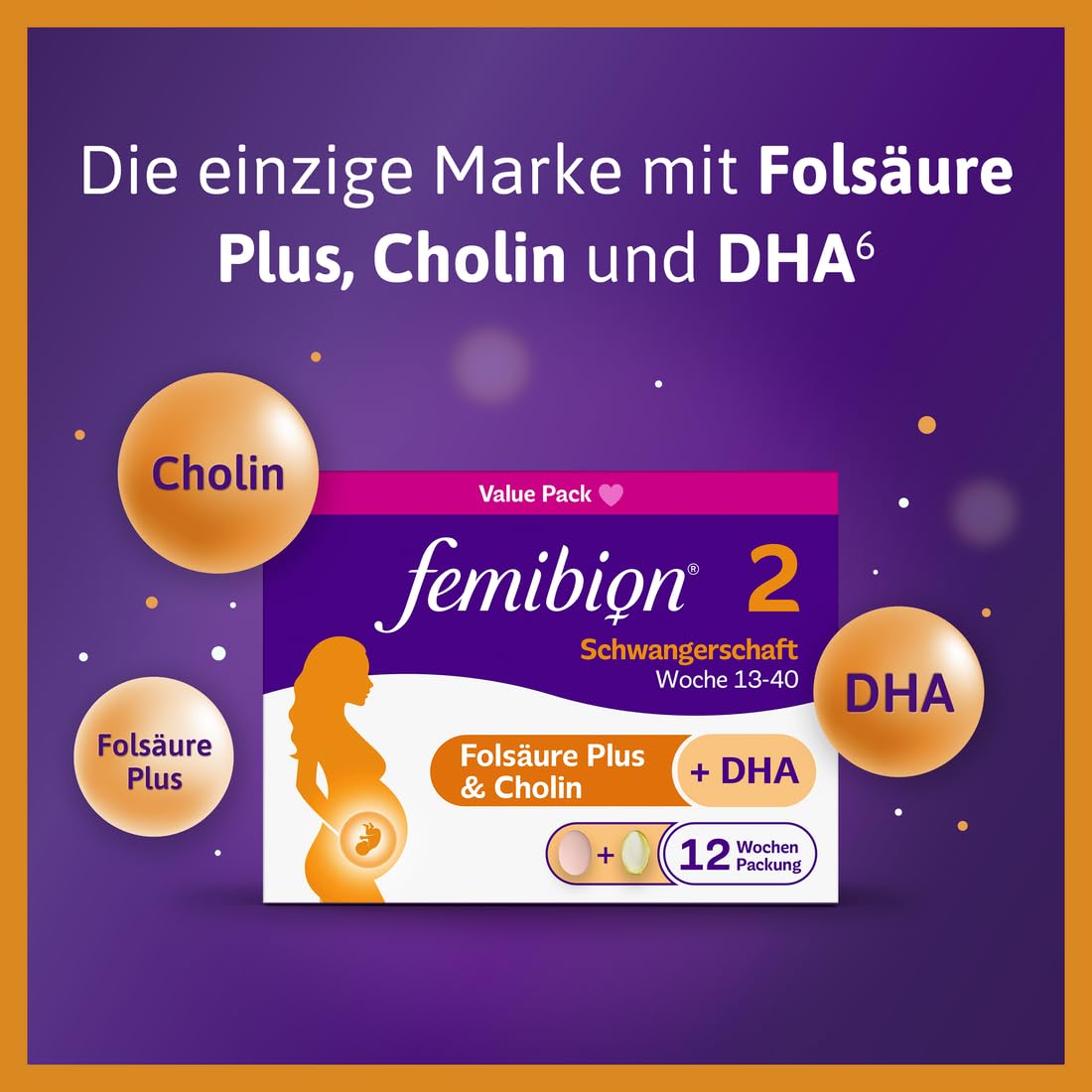 Femibion ​​2 Schwangerschaft, tägliches Nahrungsergänzungsmittel für SSW 13-40, mit Folsäure Plus (*3), Cholin, DHA, 4-Wochen-Packung, 2 x 28 Stück 