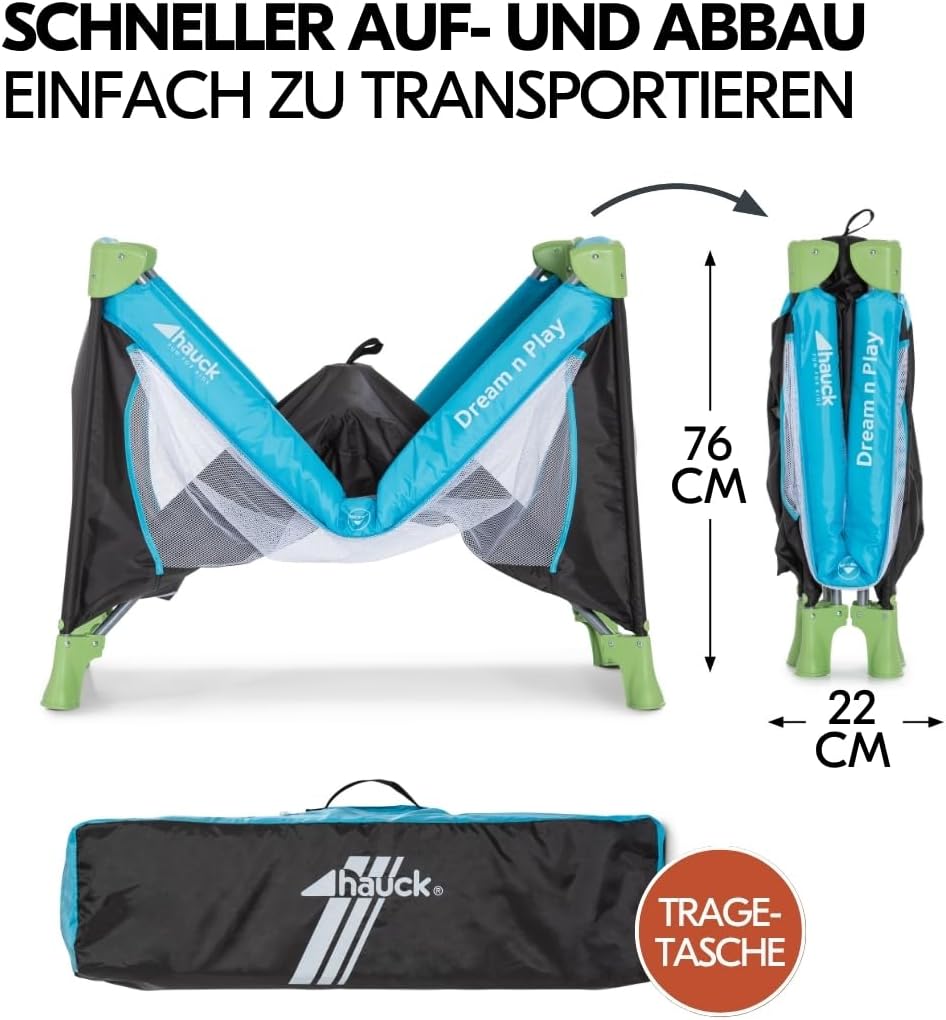 hauck Dream n Play Baby-Reisebett-Set mit Matratze - Faltbares Kinder-Reisebett mit Tasche - Blau Wasserblau 