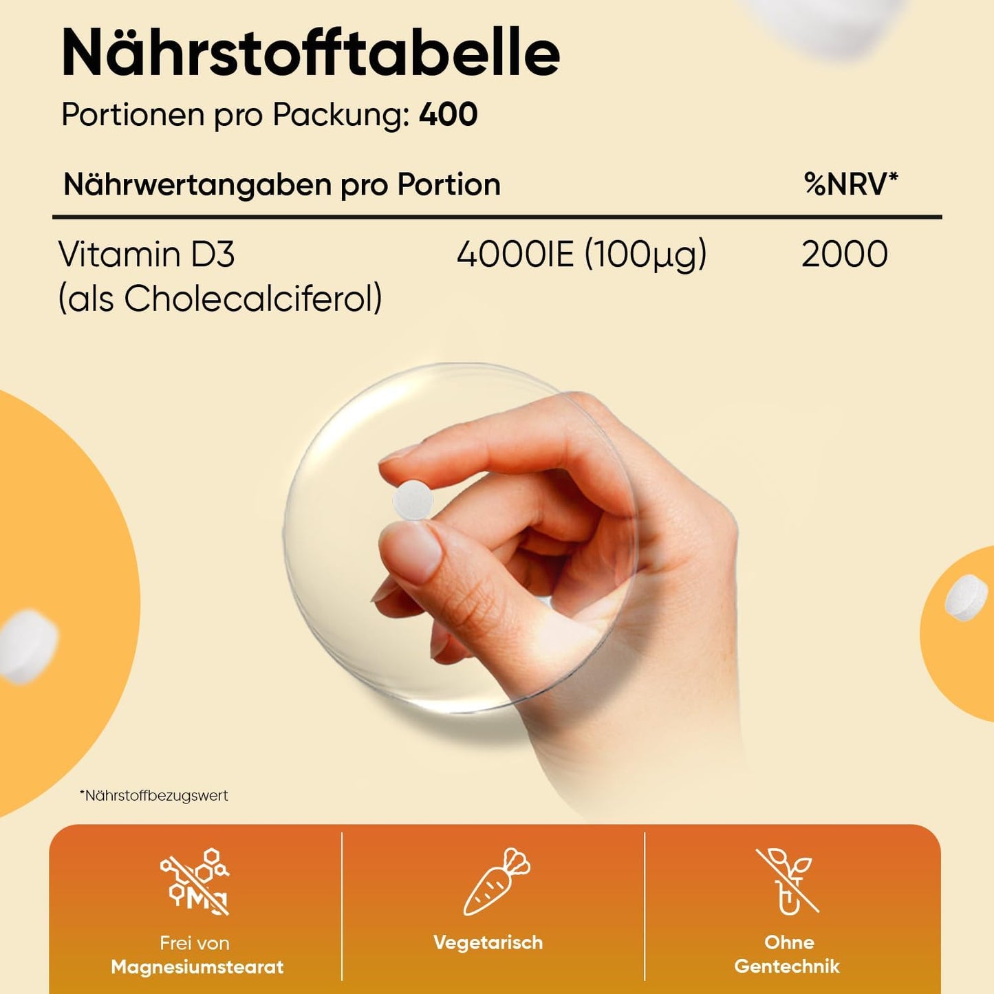 Vitamin D3 4000 IE - 400 Tabletten - Vitamin D trägt zur Erhaltung normaler Knochen - Sonnenvitamin - Cholecalciferol - Frei von Magnesiumstearat, Ohne Zusatzstoffe 