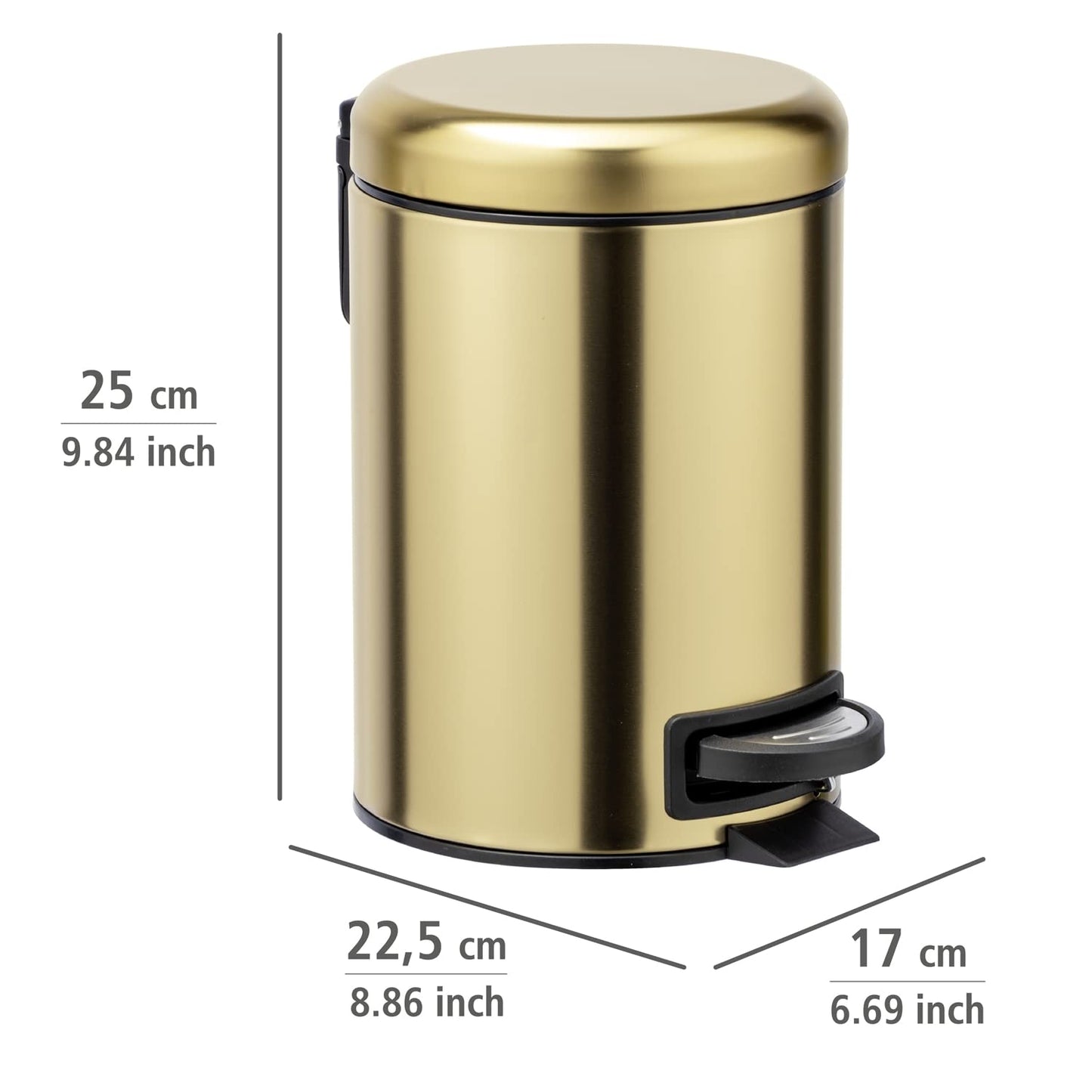 WENKO Leman Kosmetik-Treteimer, mattgold, 3 l – Kosmetik- und Abfalleimer mit Anti-Fingerprint-Beschichtung, Fassungsvermögen: 3 Liter, Edelstahl, 17 x 25 x 22,5 cm, gold 