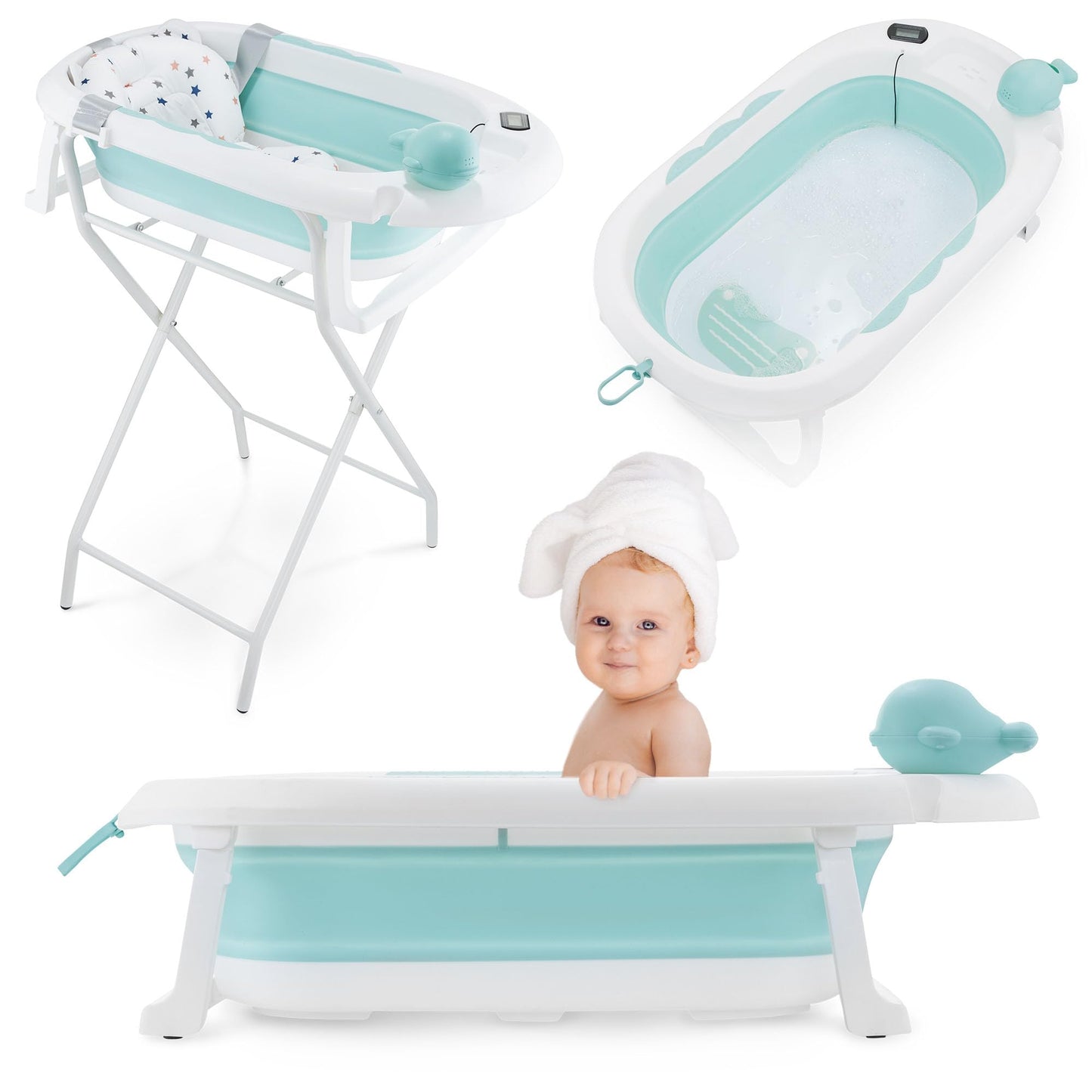 Faltbare Babybadewanne von Moby-System mit Einsatz, LCD-Thermometer und Rahmen – sicherer Halt ab Geburt, ergonomisch 