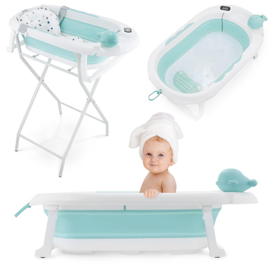 Faltbare Babybadewanne von Moby-System mit Einsatz, LCD-Thermometer und Rahmen – sicherer Halt ab Geburt, ergonomisch 