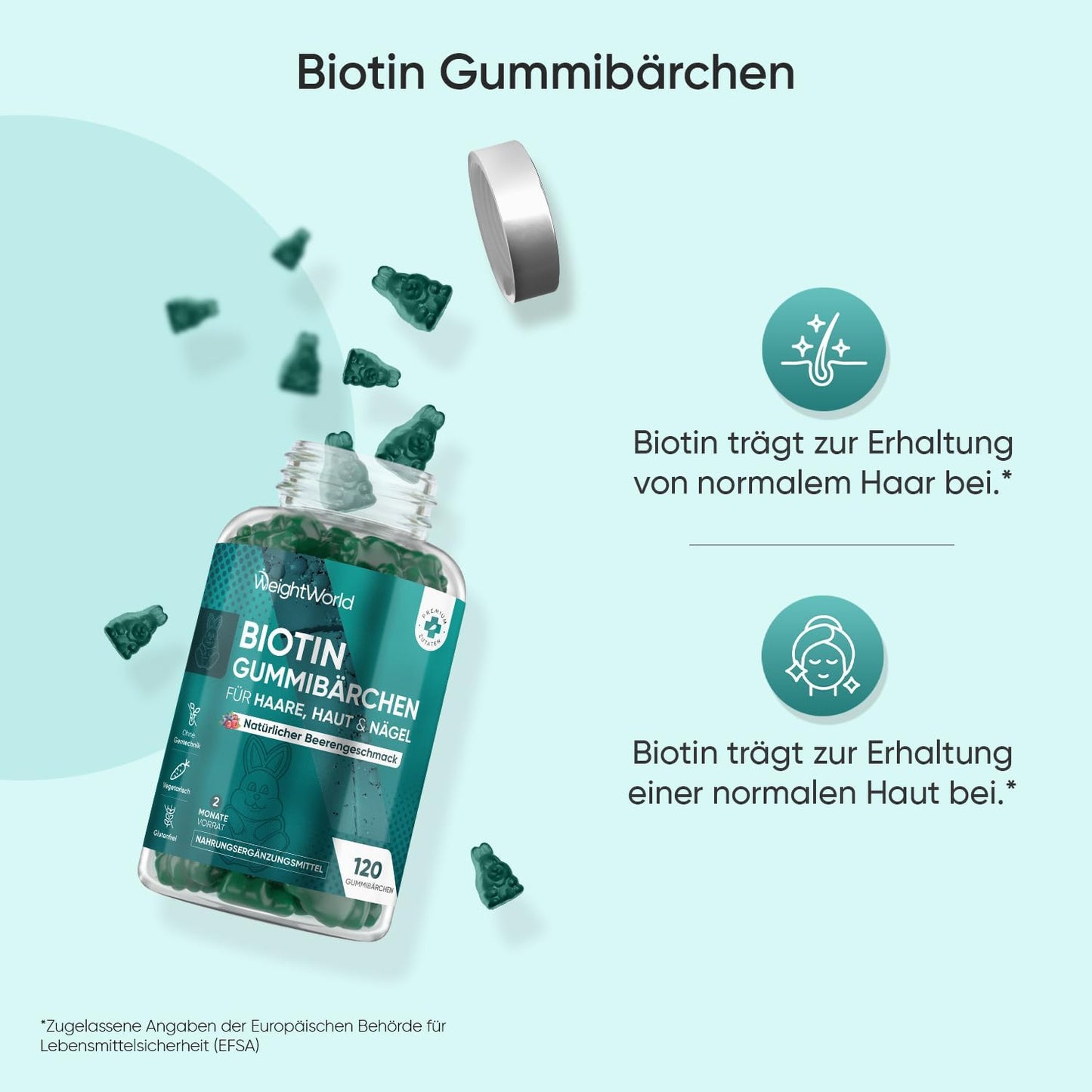 Biotin-Gummibärchen für Haut, Haare und Nägel – mit 5000 µg Biotin, Folsäure, Selen, Jod, Vitamin A, B12 und E – vegetarisch und ohne Gelatine – 120 Haargummibärchen 