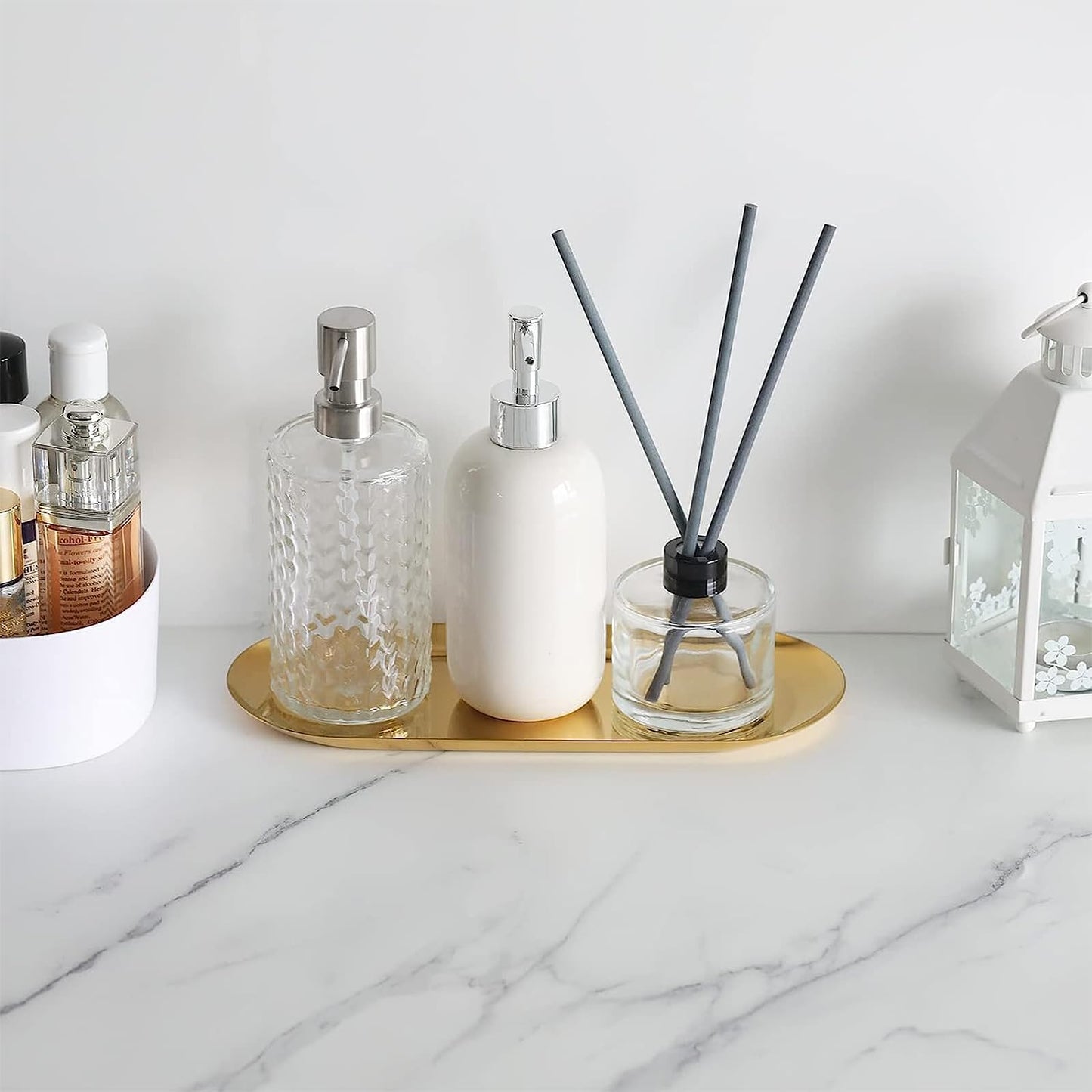 EXLECO 2 Badzimmer Deko Tablett Gold Servierplatte Mini Bad Dekotablett Edelstahl Serviertablett Schmuckschale Kerzentablett Oval Ablageschale für Schmuck Kerzen 