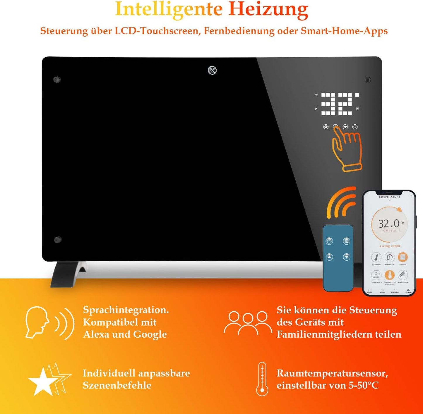 Fiqops Ölradiator 2500 W, energiesparend mit 11 Heizrippen, 3 Heizstufen, Thermostat, WLAN-App und Fernbedienung, Digitalanzeige