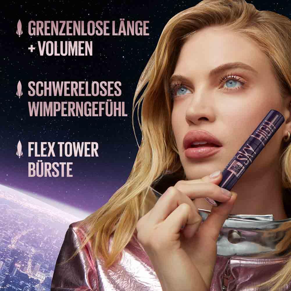 Maybelline New York Sky High Schwarze Wimperntusche für extrem lange Wimpern und Volumen, Sky High Mascara 