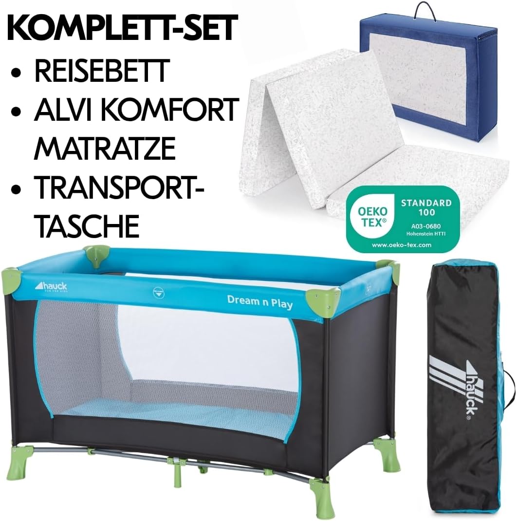 hauck Dream n Play Baby-Reisebett-Set mit Matratze - Faltbares Kinder-Reisebett mit Tasche - Blau Wasserblau 