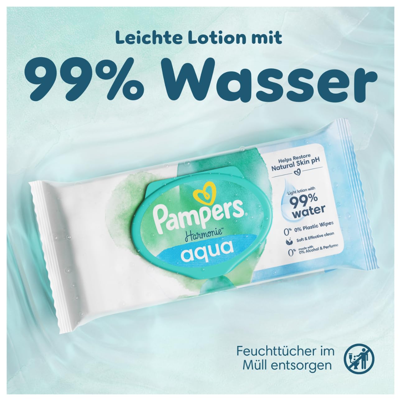 Pampers Harmonie Aqua Feuchttücher, den natürlichen pH-Wert der Haut wiederherzustellen, leichte Lotion mit 99% Wasser