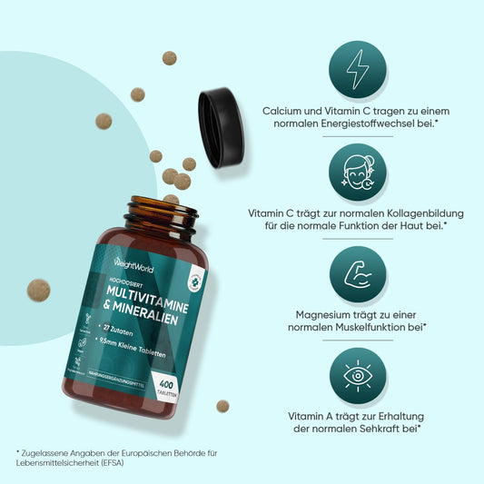 Multivitamin-Tabletten, 400 vegane Stück mit 27 Vitaminen und Mineralstoffen, Vitamin A bis Z, Immunsystem, Energie und Stoffwechsel (EFSA), Nahrungsergänzungsmittel für Männer und Frauen 