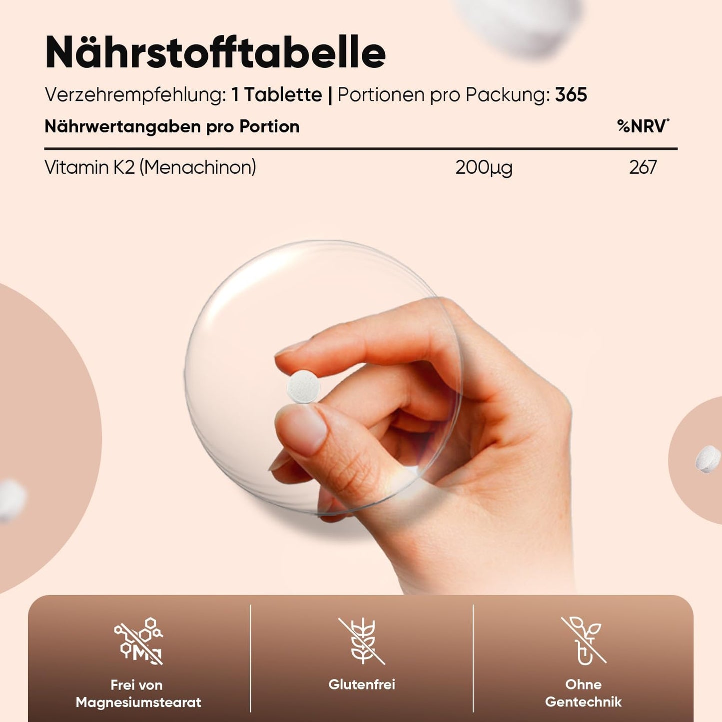 Vitamin K2 MK7-365 Vegane Tabletten – 200 µg pro Dosis – 100 % All-trans-Menachinon – Jahresvorrat 