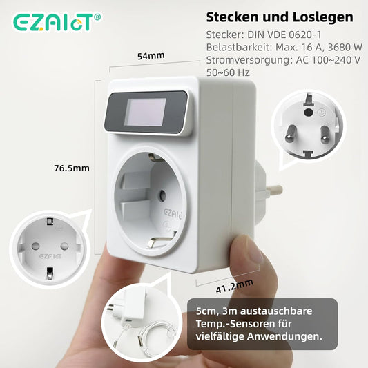 WLAN-Thermostat für Heizung/Kühlung und Zeitschaltuhr mit 3 m und 5 cm Sensor, digitalem Temperaturregler und OLED-Display 