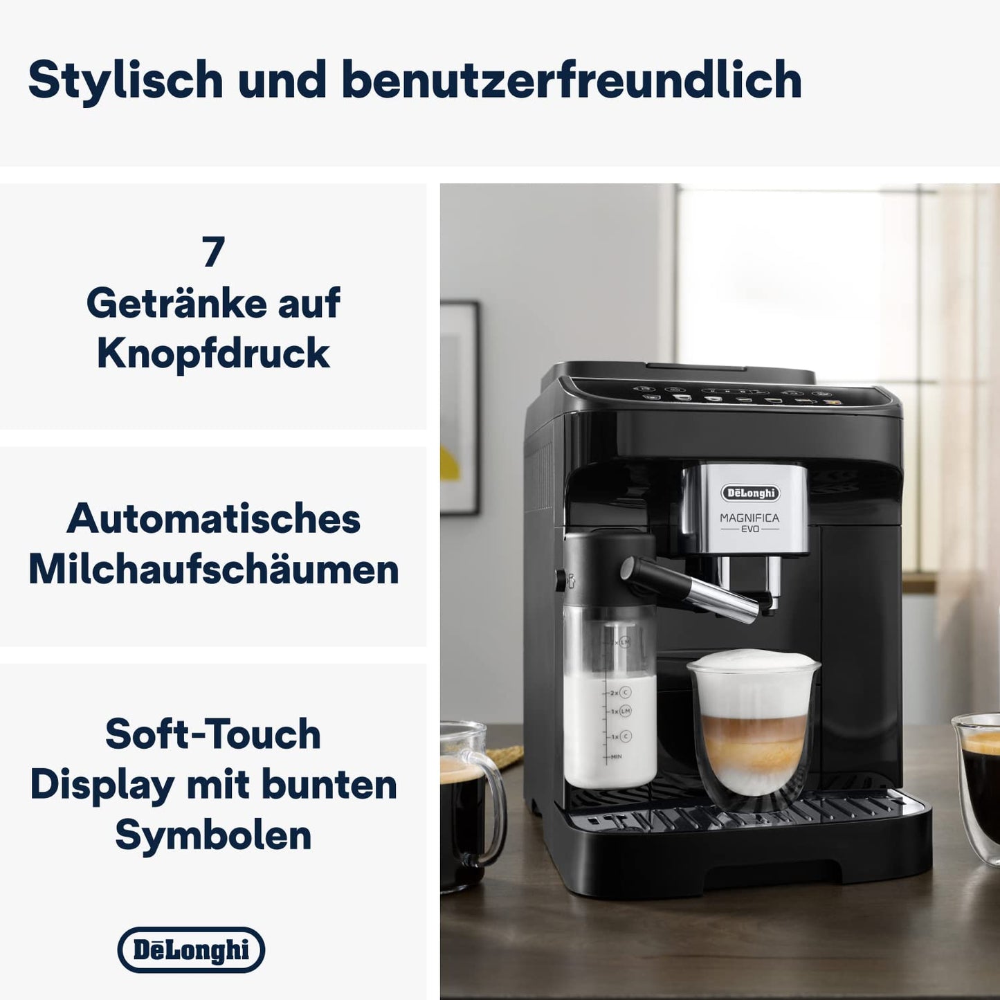 De'Longhi Kaffeevollautomat mit LatteCrema Milchsystem, 7 Direktwahltasten für Cappuccino, Espresso 