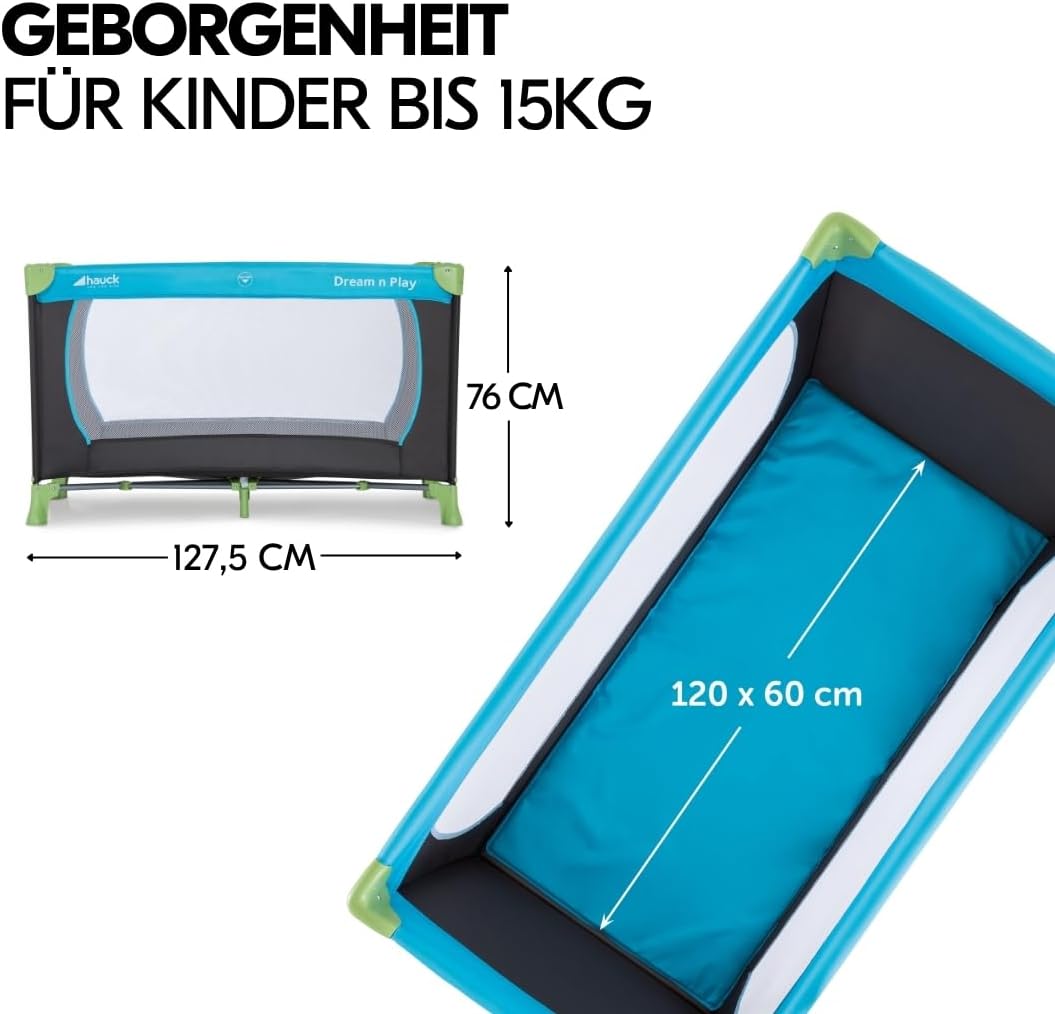 hauck Dream n Play Baby-Reisebett-Set mit Matratze - Faltbares Kinder-Reisebett mit Tasche - Blau Wasserblau 