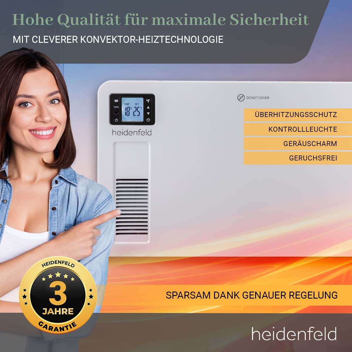 Heidenfeld Konvektor Heizung elektrisch EK100 | 𝟑 𝐉𝐀𝐇𝐑𝐄 𝐆𝐀𝐑𝐀𝐍𝐓𝐈𝐄 - 2300 Watt - Fernbedienung - Heizkörper - Elektroheizung 