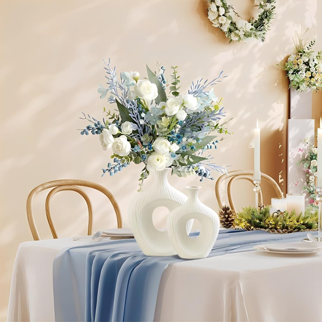 Vase en céramique blanc mat rond Deko Vasen Set 2er Moderne Boho Blumenvase pour tulpen pampasgras