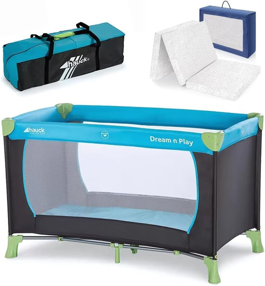 hauck Dream n Play Baby-Reisebett-Set mit Matratze - Faltbares Kinder-Reisebett mit Tasche - Blau Wasserblau 