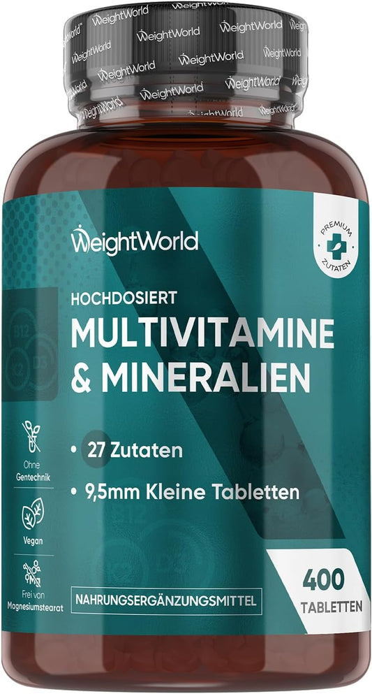Multivitamin-Tabletten, 400 vegane Stück mit 27 Vitaminen und Mineralstoffen, Vitamin A bis Z, Immunsystem, Energie und Stoffwechsel (EFSA), Nahrungsergänzungsmittel für Männer und Frauen 