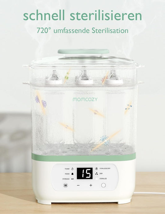 Momcozy Elektrischer 3-in-1-Sterilisator für Babyflaschen mit Trocknungsfunktion – Sterilisiert, trocknet und wärmt, Kapazität für 8 Flaschen, 24 Stunden Keimschutz, multifunktional für Babyzubehör 