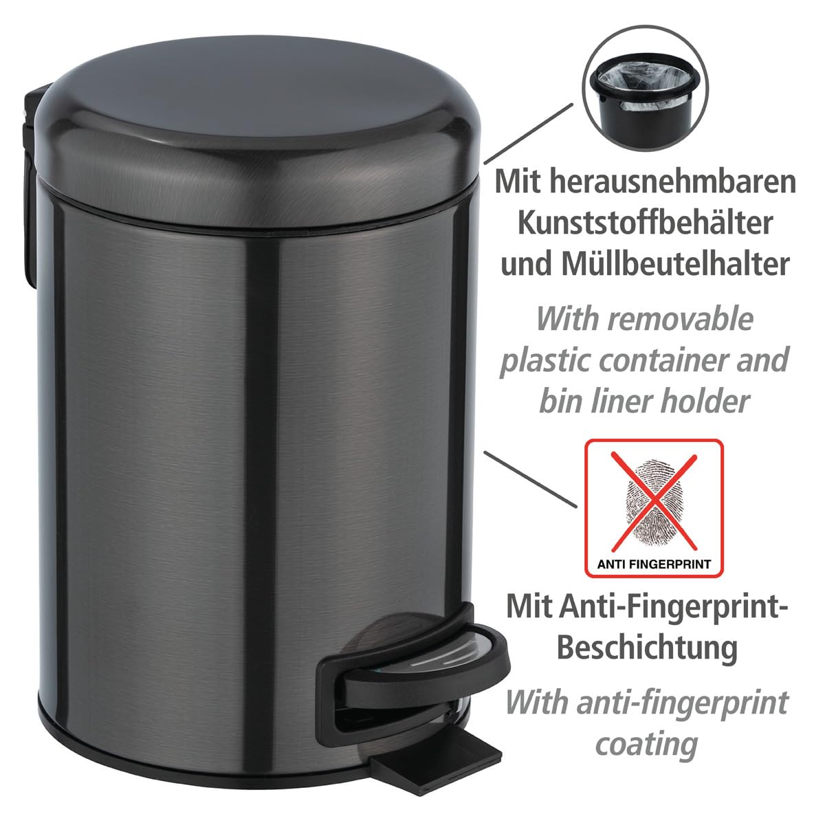 WENKO Leman Kosmetik-Treteimer, mattgold, 3 l – Kosmetik- und Abfalleimer mit Anti-Fingerprint-Beschichtung, Fassungsvermögen: 3 Liter, Edelstahl, 17 x 25 x 22,5 cm, gold 