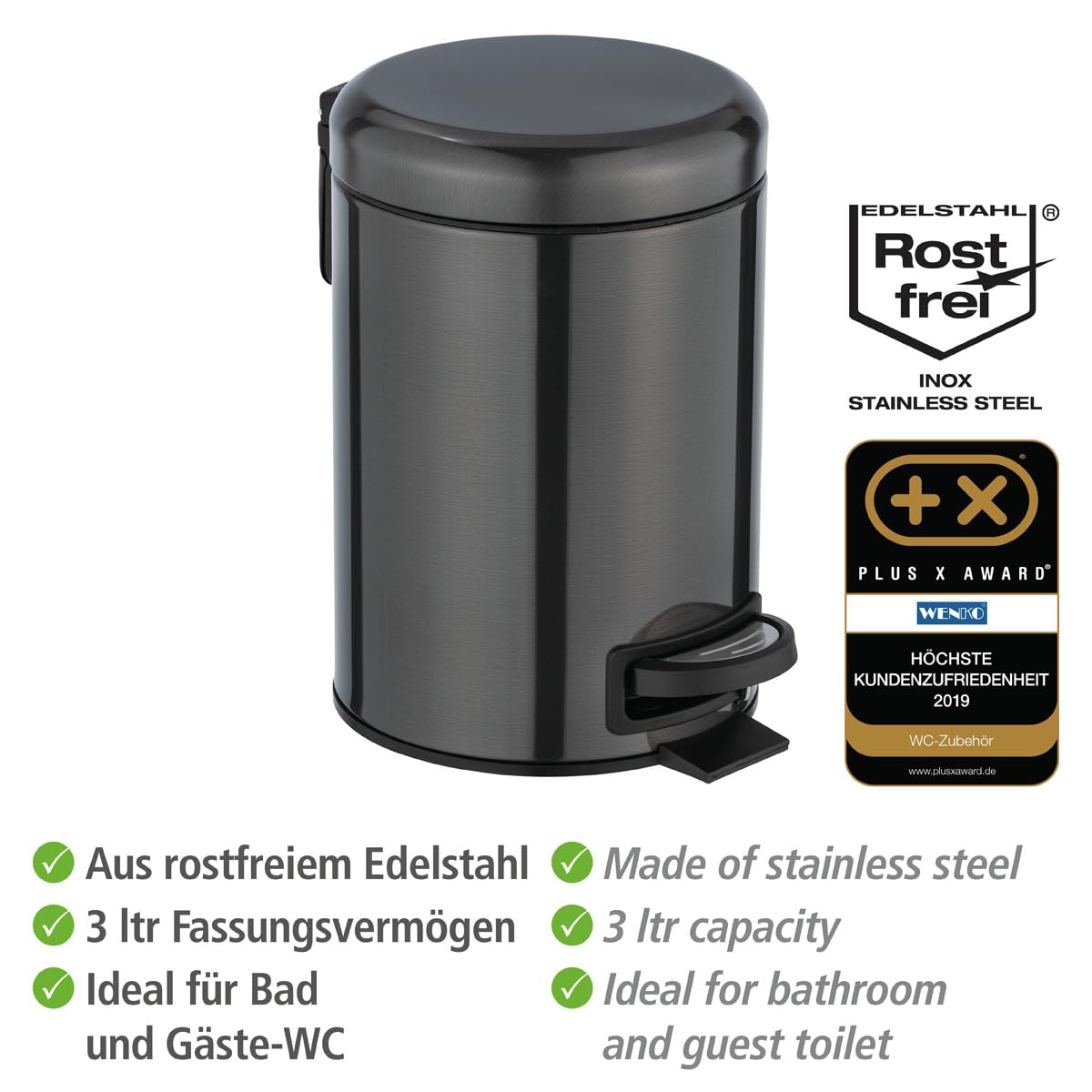 WENKO Leman Kosmetik-Treteimer, mattgold, 3 l – Kosmetik- und Abfalleimer mit Anti-Fingerprint-Beschichtung, Fassungsvermögen: 3 Liter, Edelstahl, 17 x 25 x 22,5 cm, gold 