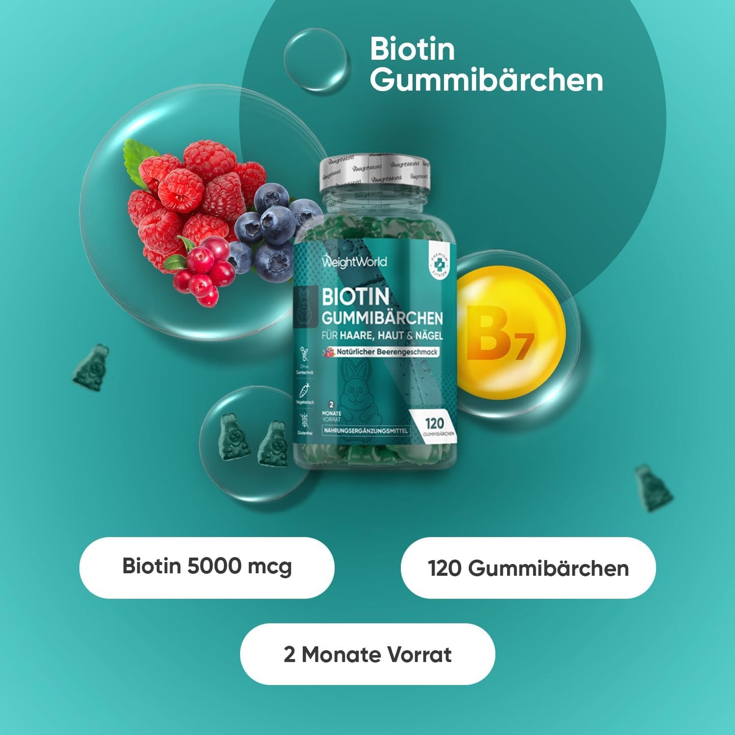 Biotin-Gummibärchen für Haut, Haare und Nägel – mit 5000 µg Biotin, Folsäure, Selen, Jod, Vitamin A, B12 und E – vegetarisch und ohne Gelatine – 120 Haargummibärchen 