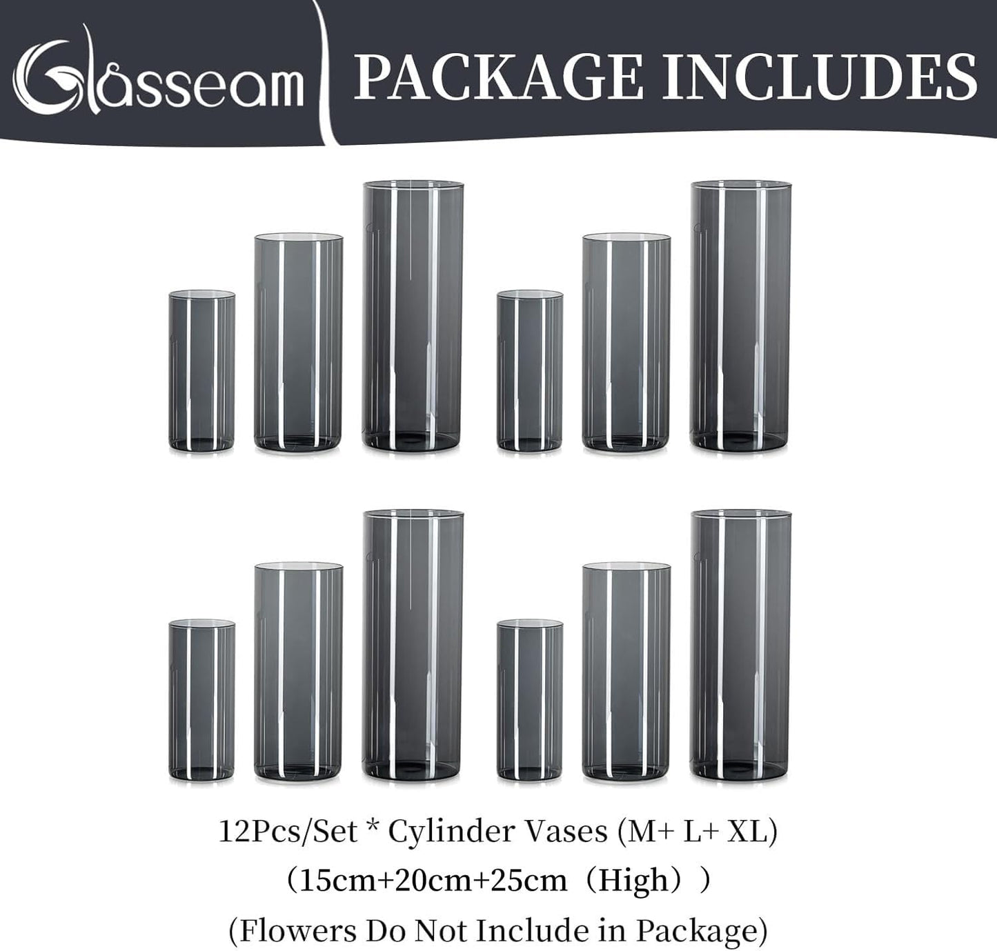 Glasseam Glasvase Grau: 3er-Set Glasvasen Dekoration - Moderne Blumenvase 