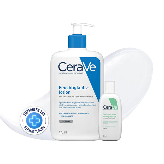 CeraVe Reinigungs-Set, Feuchtigkeitslotion mit Pumpspender (473 ml) und schäumendes Reinigungsgel (88 ml) für Gesicht und Körper, Mit Hyaluron und 3 essenziellen Ceramiden 