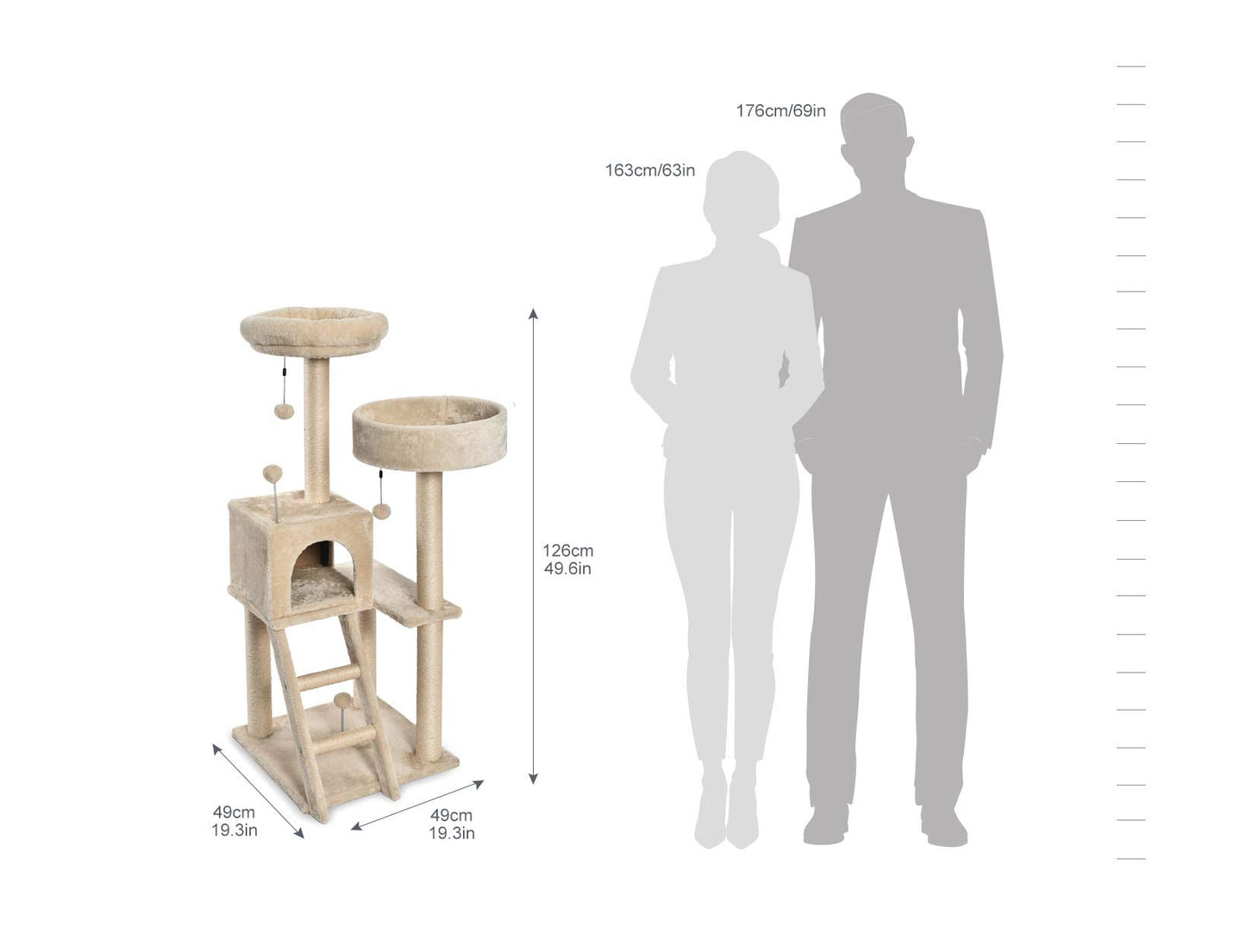 Großer Katzenkratzbaum mit zwei Plattformen und Häuschen, mehrstöckig, beige 