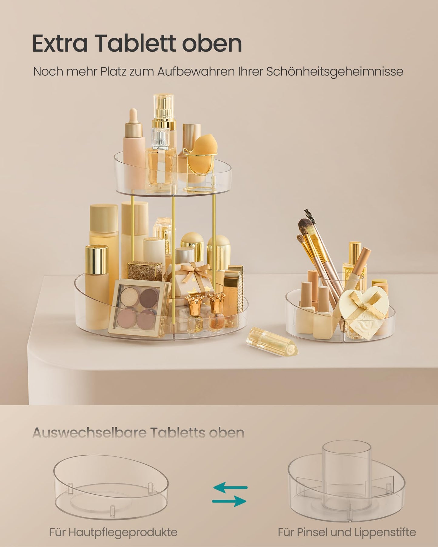 SONGMICS Make-up Organizer mit extra Tablett Oben, Kosmetik-Organizer rund 2 Ebenen 